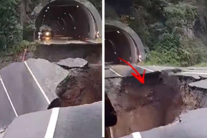 Tünel çıkışında yol çöktü! Yaklaşıp aşağıya bakanlar gözlerine inanamıyor